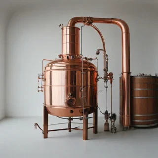 large copper distiller, on a plain white background, even lighting