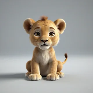 3d cartoon animation, cute baby lion, short body, rounded features, sweet expression on its face, on a plain white background, even lighting