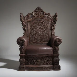A highly detailed, realistic throne made of dark, rich chocolate, with intricate designs and patterns, in a wide shot with the throne centered on a plain white background, with dramatic lighting and dynamic shadows, in the style of a high-end food or product photography, on a plain white background, even lighting 