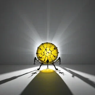 A mysterious, cursed object with a vibrant yellow glow, set against a plain white background, in a film noir style, with dramatic shadows and intense lighting, full-body view of the object, with intricate details and textures, in a wide shot, with a sense of foreboding and ominous atmosphere, on a plain white background, even lighting