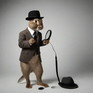 A brown, full-body view of a rabbit, with a film noir style, set against a plain white background, with dramatic shadows and a low-key lighting, wearing a detective hat and holding a magnifying glass, in a wide shot, with high contrast and a sense of mystery, on a plain white background, even lighting, on a plain white background, even lighting 