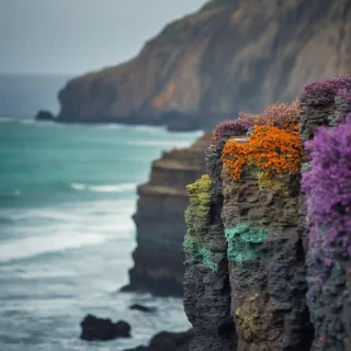 An oceanside cliff of basalt columns in bokeh photography style, using only the colors orange, purple, teal, and green, with the sky visible and a subtle gradient of colors to give a sense of depth.