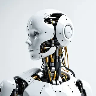 A humanoid robot a with sleek white exterior and a face made out of clear glass that shows a human brain connected to several wires encased inside the robot's face.