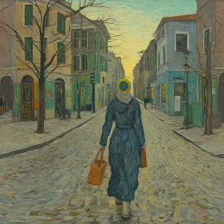 Vincent van Gogh style painting of a modern in the year 2025 woman walking down the street