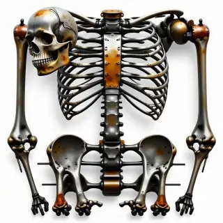 A metal skeleton where the Tibias, Femurs, Fibulas, Humerus', Radius', and Ulnas are made of rusty pipes. The skull is an old bowling ball with strips of metal used for the jaw and bolts used for the teeth. The ribcage is made out of titanium. the phalanges are made out of old, bent nails.