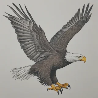 A cartoon anime-style drawing of a bald eagle in mid-flight, on a plain white background, with even lighting, with the eagle's feet visible, and the feathers fluffed out to show its talons.