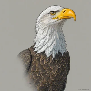 Cartoon with anime influence drawing of a bald eagle with a golden beak, on a plain white background, even lighting