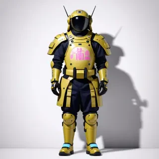 A full-body view of a piece of khaki armor, with a vaporwave aesthetic, featuring pastel colors, Japanese characters, and a dreamy, nostalgic atmosphere, on a plain white background, with a wide-angle shot, and dynamic shadows, in a digital art style