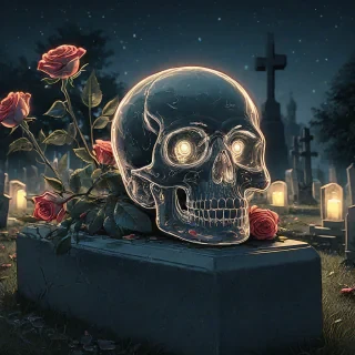Anime art style, digital drawing of glowing clear glass skull with etchings of roses, resting on a headstone in a graveyard at night