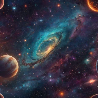 A high-resolution, detailed, and colorful depiction of outer space, featuring a wide shot of a vibrant galaxy with numerous stars, and planets with a sense of depth and dimensionality, in a digital art style, with dynamic lighting and shadows,