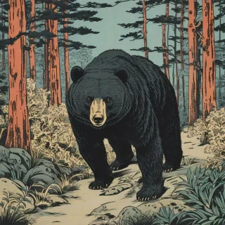 Ukiyo-e style of a bear in a forest