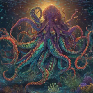A large, detailed kraken, with long tentacles and a massive body, in a full-body view, under the sea, with a wide shot, and dynamic shadows, in the style of a digital illustration, with vibrant colors and intricate details, and the kraken's body is covered in bioluminescent spots
