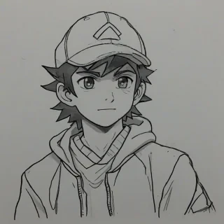 hand -drawn, anime style, Ash Ketchum, on a plain white background, even lighting