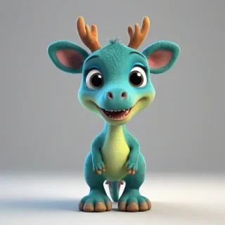 3d cartoon animation, one animal that has a mix of a baby dinosaur and a baby moose, bright and vivid colors, large eyes, short body, round features, tiny nose, tiny feet, cute, happy expression on its face, only one in the shot, full body visible, on a plain white background, even lighting