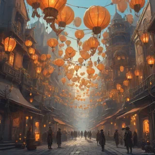 Marc Simonetti style peaceful steampunk city with orange glow of hundreds of lanterns on a plain white background