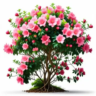 A realistic, full-body view of a lush azalea bush, covered in vibrant, pink flowers with delicate petals, against a plain white background, with soft, natural lighting and subtle shadows, in a photographic style