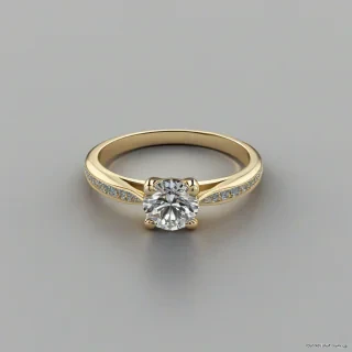 A gold ring with a large, solitaire diamond set in a four-prong setting, on a plain white background, full-body view of the ring, with the diamond centered, and a high level of detail, in a realistic, 3D rendering style, with soft, natural lighting and subtle shadows, on a plain white background, even lighting