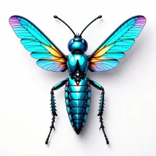 A full-body view of a pixel art insect, with an aquamarine exoskeleton and iridescent wings, set against a plain white background, in a wide shot with its feet visible, created in a digital art style with a mix of bright and pastel colors