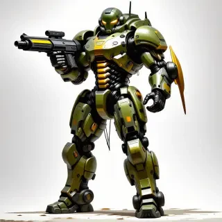 doom guy wearing full armor, futuristic shotgun in one hand and shield attached to the opposite forearm