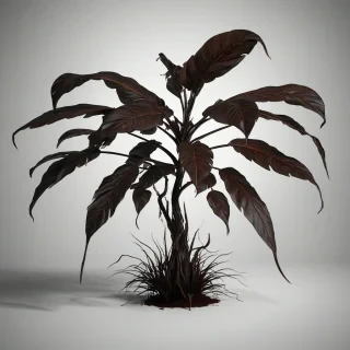 A dark, gothic-style, full-body view of a rare, exotic plant with large, chocolate-brown leaves and stems, set against a plain white background, with dramatic, dynamic shadows and a sense of mysterious, eerie atmosphere, in the style of a digital illustration with intricate details and textures, with a wide-angle shot that captures the entire plant from its roots to its leaves, on a plain white background, even lighting
