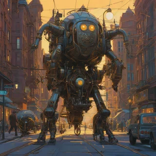 Retro futurism art of a large steampunk creature with exposed copper wiring and brass fixtures attached to its body, with wires swinging downwards as small steampunk vehicles drive underneath its legs, inspired by Syd Mead, in a city with visible metal shine and ornate gears, with gas lamps and old-fashioned streetlights illuminating the scene, in the style of Syd Mead, Syd Mead-inspired, or Syd Mead style