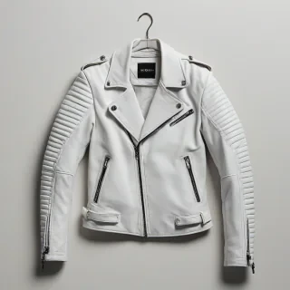 white, leather, moto style jacket, only jacket in image, on a plain white background, even lighting