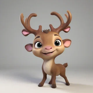 A cartoon style cute  baby mammal with antlers with a smile, in 3D animation style, full-body view, with bright and vibrant colors, standing on a plain white background, with a wide-angle shot, and dynamic lighting, featuring a small, rounded body, large eyes, and a tiny nose, with a happy and playful expression, on a plain white background, even lighting, on a plain white background, even lighting, on a plain white background, even lighting 