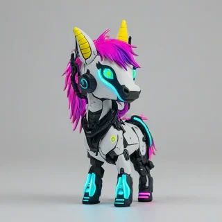 Chibi cyberpunk unicorn with neon colors, on a plain white background, even lighting