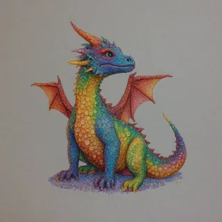 Pointillism style of a small rainbow dragon sitting