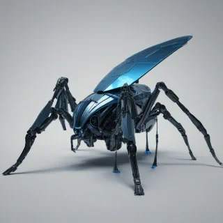 A large, futuristic, synthwave-inspired insect, with a slate exoskeleton and neon blue accents, in a wide shot with its entire body visible, on a plain white background, with dynamic shadows and a backlight, in the style of a digital illustration