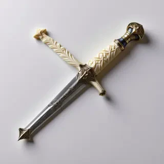 A highly detailed, realistic ivory-hilted dagger with an intricately carved handle, resting on a plain white background, in a wide shot with the entire weapon visible, featuring a sharp, high-contrast blade and a subtle sheen to the ivory, in a photorealistic style