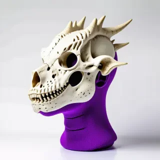 an old dragon skull mask on a purple mannequin head