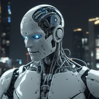 A humanoid robot with sleek white exterior and a face made out of clear glass that shows a human brain connected to several wires, in a dark cyberpunk cityscape