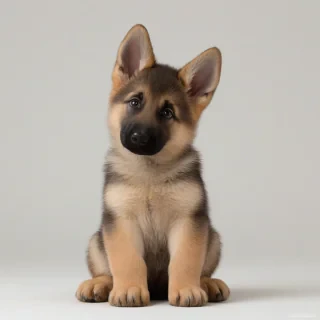 A German Shepherd puppy with a fluffy coat and big brown eyes, sitting down on a plain white background with its tail wagging slightly, in a wide shot with its paws and nose visible, photorealistic style