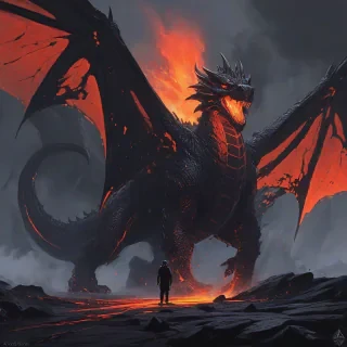 Andreas Rocha and Syd Mead art style of a lava dragon with black lava skin