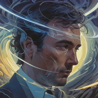 Syd Mead art style of a close-up of a man's face with his thoughts escaping from his head in a magical, mystical, dreamlike scene, surrounded by swirling, ethereal light