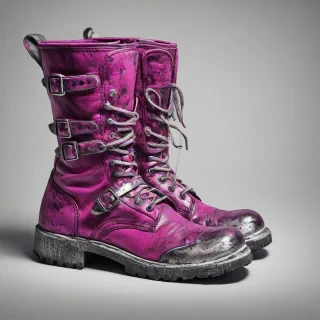 A fuchsia, grunge-style space boots with a metallic finish, full-body view, on a plain white background, with bold, gritty textures and a sense of worn, battle-hardened detail, in a wide shot, with the boot's edges and surface visible, digital art style, high contrast lighting with dynamic shadow, on a plain white background, even lighting