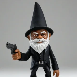 Gnome version of Samuel L. Jackson in a black suit, wearing a pointed hat, holding a pistol outstretched, on a plain white background with even lighting., on a plain white background, even lighting