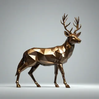 A low poly bronze animal, such as a deer or a wolf, with a metallic sheen, standing in a wide shot with its feet visible, on a plain white background, with a subtle gradient of light to dark bronze color, and a sense of texture and simplicity, in a digital art style with clean lines and minimal details, on a plain white background, even lighting