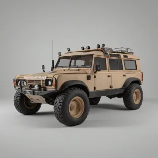 A tan, brutalist-style rover, with sharp edges and a rugged exterior, highly detailed, full-body view, wide shot, ultra realistic, on a plain white background, even lighting 