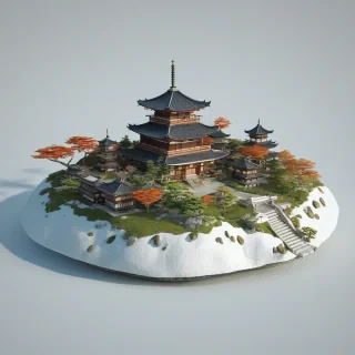 3d animation style, single floating island of a Japanese village, with pagoda style buildings, bright lighting, no background, full body visible,, on a plain white background, even lighting