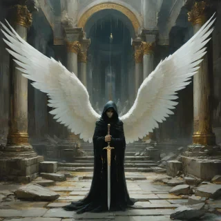 Vibrant Jeremy Mann art style, angel in black cloak, face covered, giant white wings with golden veins, kneeling in ruined ancient stone temple, holding sword hilt with both hands