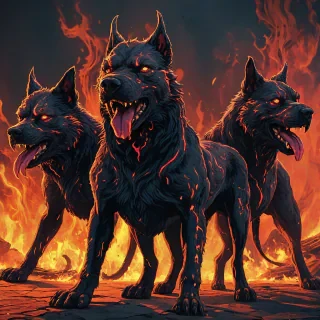 A full-body view of Cerberus, a three-headed dog of the underworld, standing in a fire background, with a wide shot, feet visible, and a digital art style, featuring vibrant colors and dynamic shadows, with a backlight to highlight its menacing features