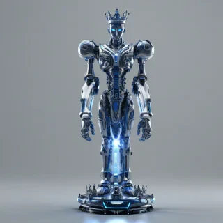 A highly detailed, full-body view of a mech king chess piece, with a futuristic metallic body, glowing blue circuits, and a regal crown on its head, standing on a plain white background, in a wide shot, with its feet visible, in a digital art style with dynamic shadows and a hard rim light, on a plain white background, even lighting 
