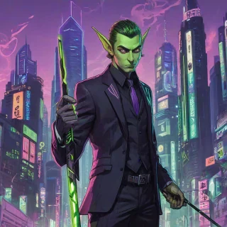 Neon Sam Guay style art of an elf man standing upright with one eyebrow raised and a neutral expression, wearing a sleek black suit with green, white, and purple neon accents on the lapels, holding a spear in his right hand, on a plain white background, with a cyberpunk cityscape visible behind him. The city features towering skyscrapers, holographic advertisements, and neon lights. The suit is fitted to his physique.