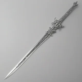 A futuristic gray anime-style sword with a long, curved blade and intricate designs on the hilt, set against a plain white background, in a wide shot with the entire weapon visible, including the handle and guard, with a subtle gradient effect to give it a metallic sheen, in the style of a digital illustration, on a plain white background, even lighting 