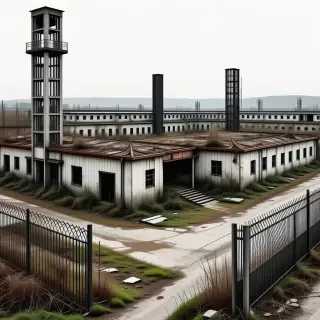 A damaged and abandoned prison compound in a state of disrepair, with tall barbed wire fences, guard towers, and a wide-angle view of the entire complex on a plain white background, with overgrown vegetation, broken windows, and a sense of decay and neglect, in a digital art style with muted colors and dramatic lighting