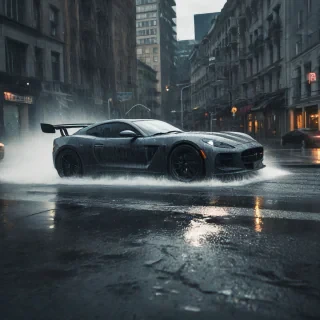 A lone super cool sports car with airbrushed scenes on it, zooming through the city, raining, there is water being kicked up by the tires as the car skids down the street, Dramatic lighting with slight beams of light from small breaks in the clouds