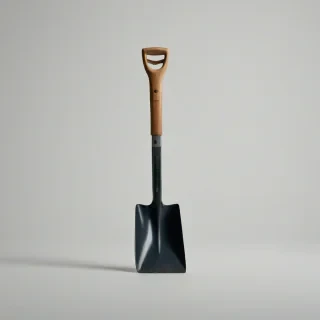 shovel with wood handle, on a plain white background, even lighting