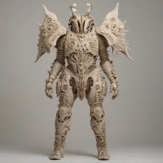 a full-body view of a piece of beige armor, biopunk style, with intricate organic details, on a plain white background, wide shot, with visible textures and patterns, and a sense of futuristic and biological fusion, on a plain white background, even lighting 